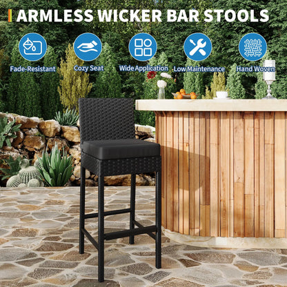 Patio Rattan Bar Height Stools with Cushions Beige