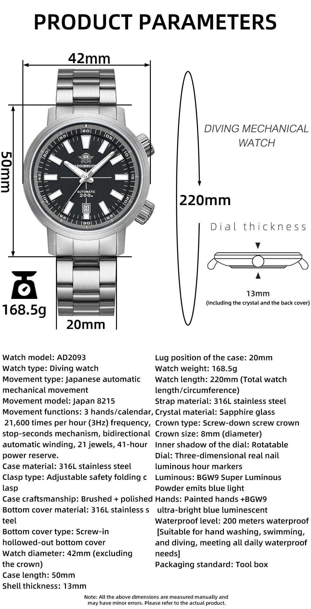 42mm Sapphire Automatic Watch 20Bar Waterproof Black White
