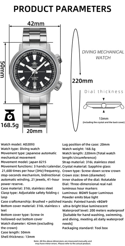 42mm Sapphire Automatic Watch 20Bar Waterproof Black White