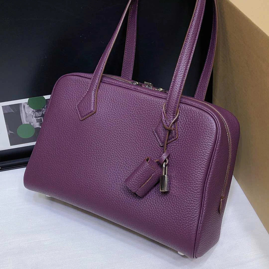 Compact Fashion Handbag Purple 29cm Leather Bowling Bag