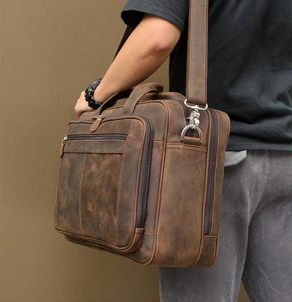 Coffee Leather Business Laptop Bag 17" with Shoulder Strap