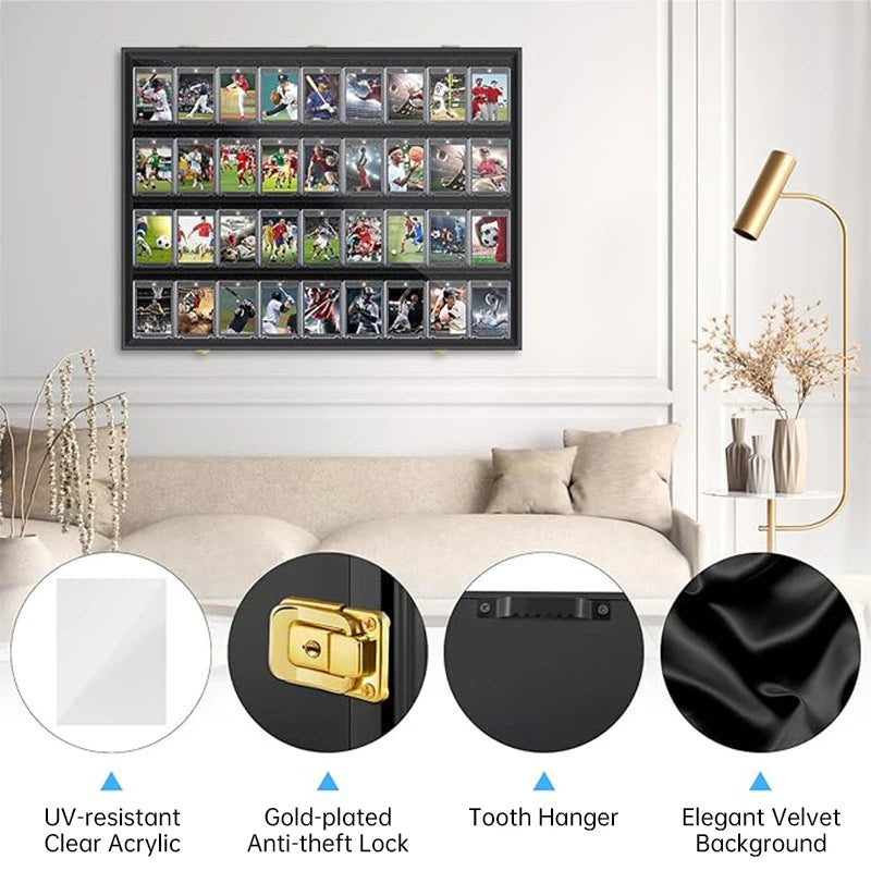 Sports Card Display Case UV Acrylic Front Gray Wooden