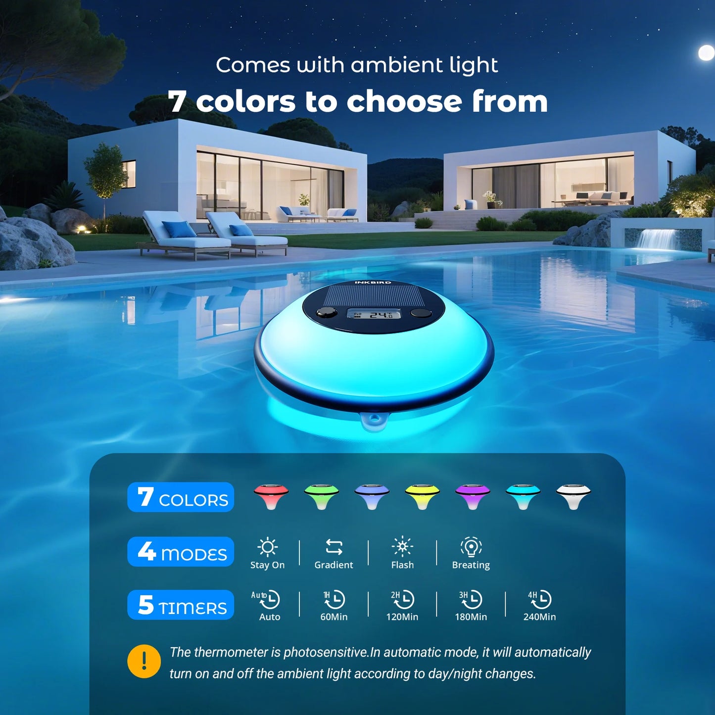 Solar Wireless Pool Thermometer with Indoor Remote 7-Color Light
