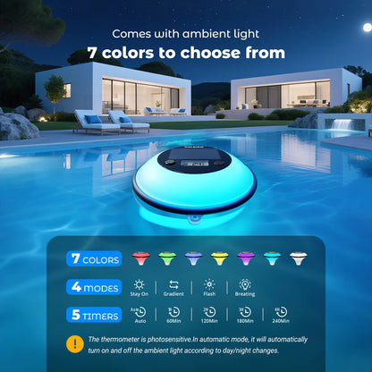 Solar Wireless Pool Thermometer with Indoor Remote 7-Color Light