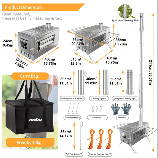 Outdoor Wood Burning Tent Stove with 7-Piece Chimney Set