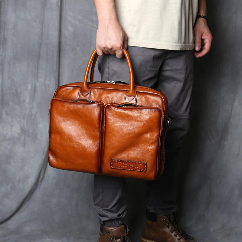 Vintage Leather Shoulder Bag Laptop Briefcase Brown
