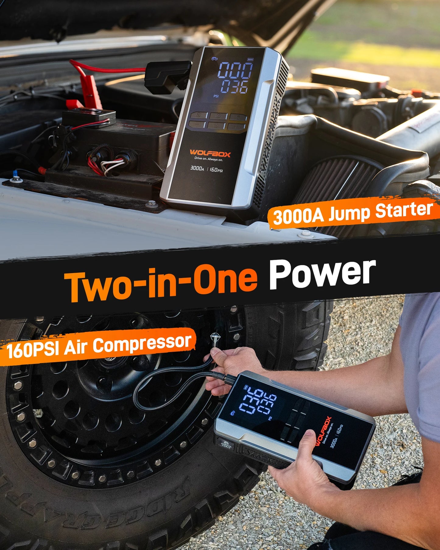 3000A Portable Car Jump Starter with Air Compressor 160PSI