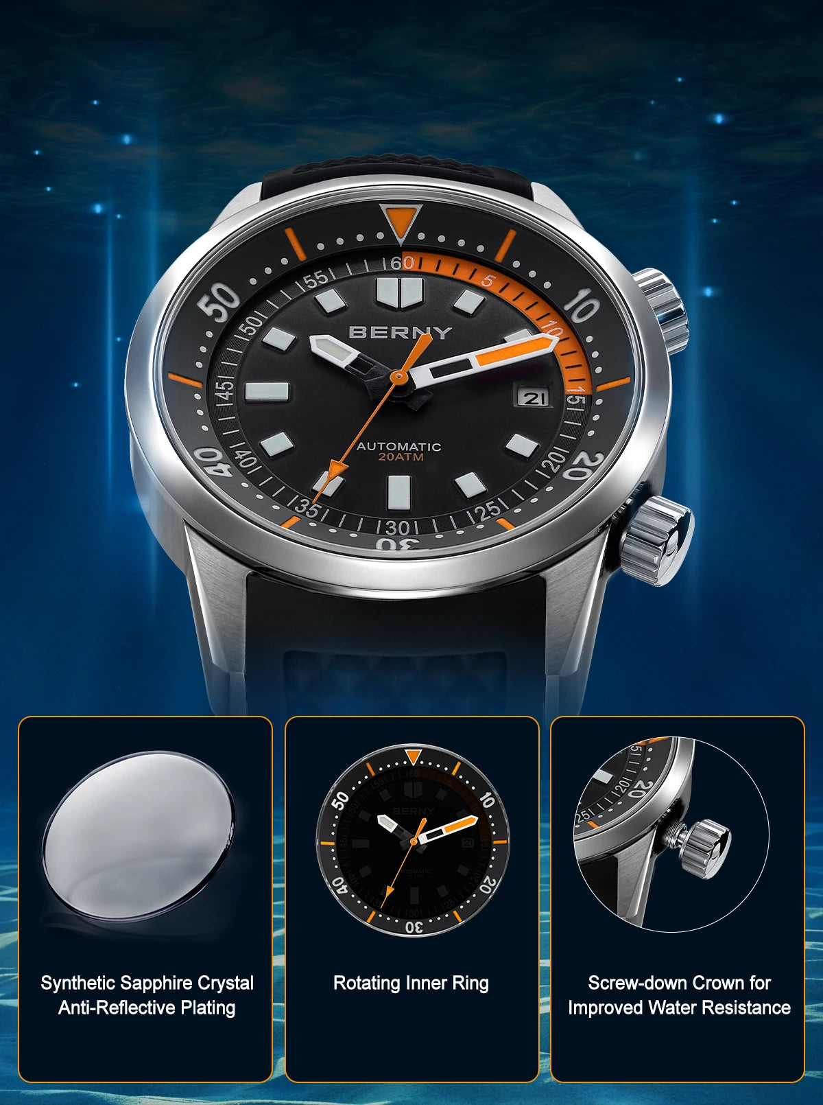 200M Waterproof Automatic Dive Watch with Blue Dial
