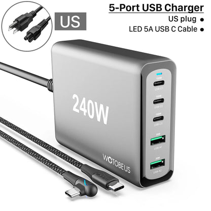 240W GaN 5-Port USB C Fast Charger with 5A Cable