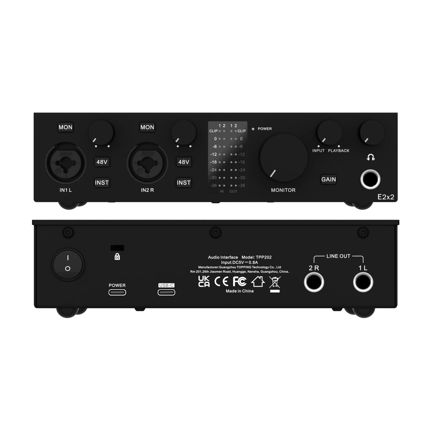 Black Portable Audio Interface 2 Channel USB for Studio Use