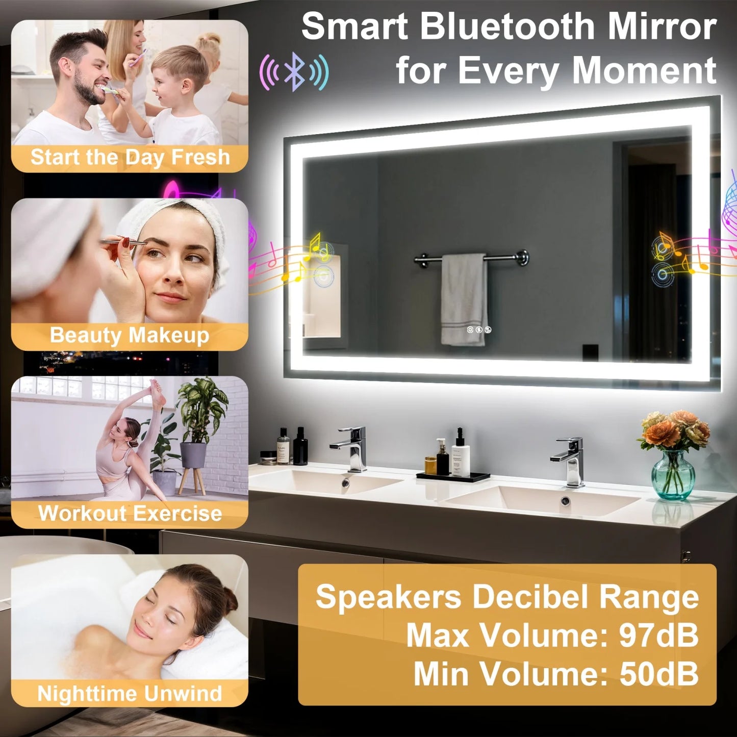 100x70cm Smart LED Bathroom Mirror Bluetooth Speaker Dimmable