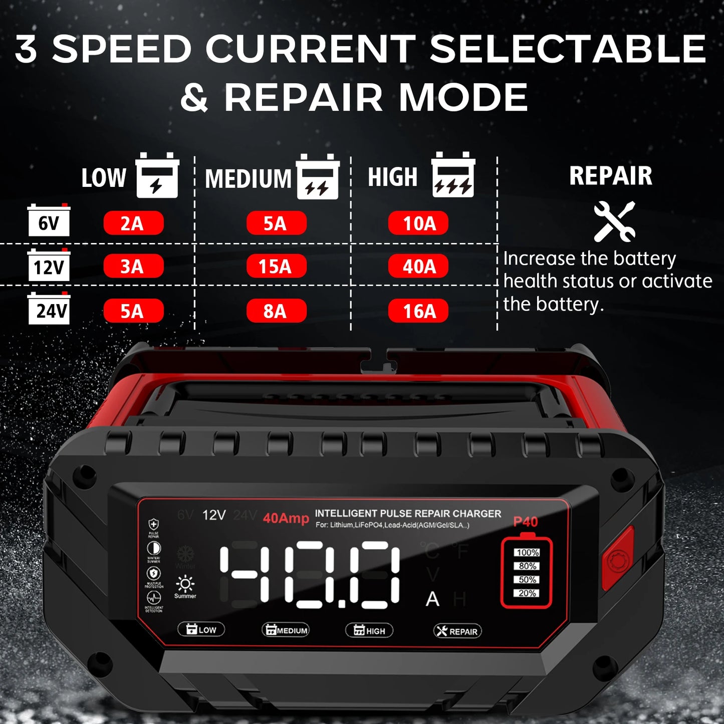 40A Smart Battery Charger for 6V 12V 24V Vehicles