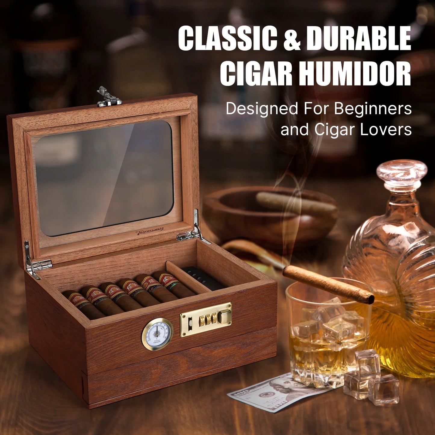 Black Cedar Humidor with Accessories Drawer and Front Hygrometer