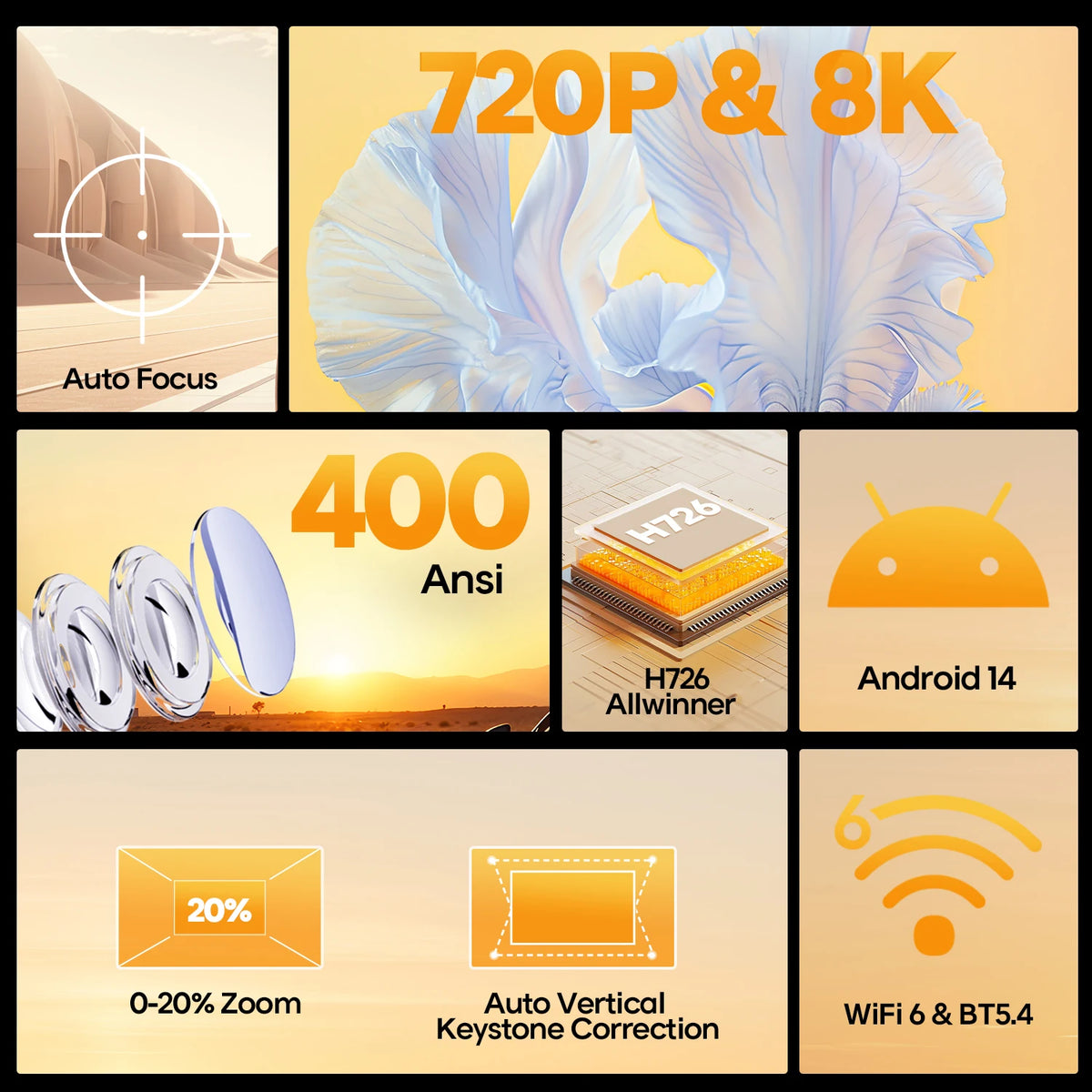 Portable Android 14 4K Projector Auto Focus 400ANSI WiFi 6