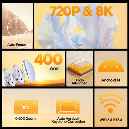 Portable Android 14 4K Projector Auto Focus 400ANSI WiFi 6
