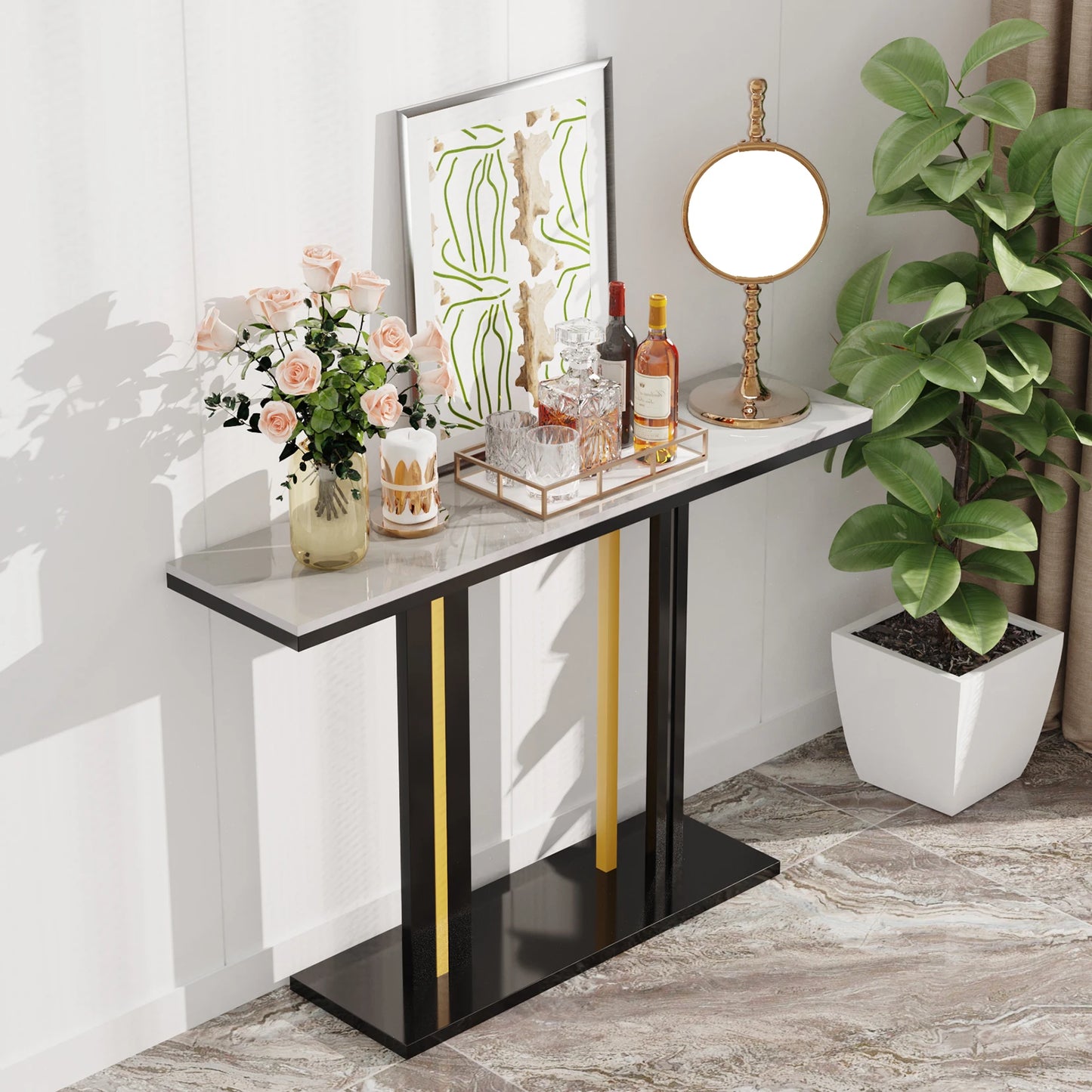 Narrow Stone Top Console Table with Pedestal Base
