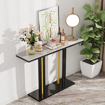 Narrow Stone Top Console Table with Pedestal Base