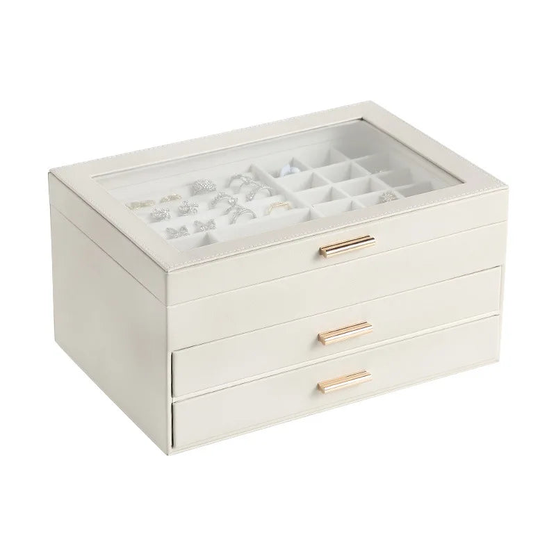 White Leather Jewelry Box 3 Layer Travel Friendly Organizer