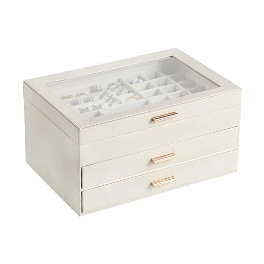 White Leather Jewelry Box 3 Layer Travel Friendly Organizer