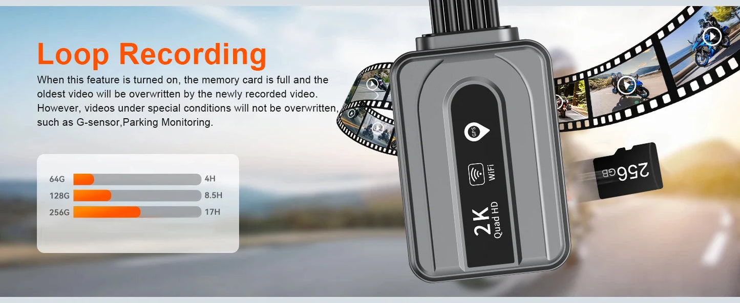 2K Motorcycle Dash Cam Front & Rear Wi-Fi GPS 128GB