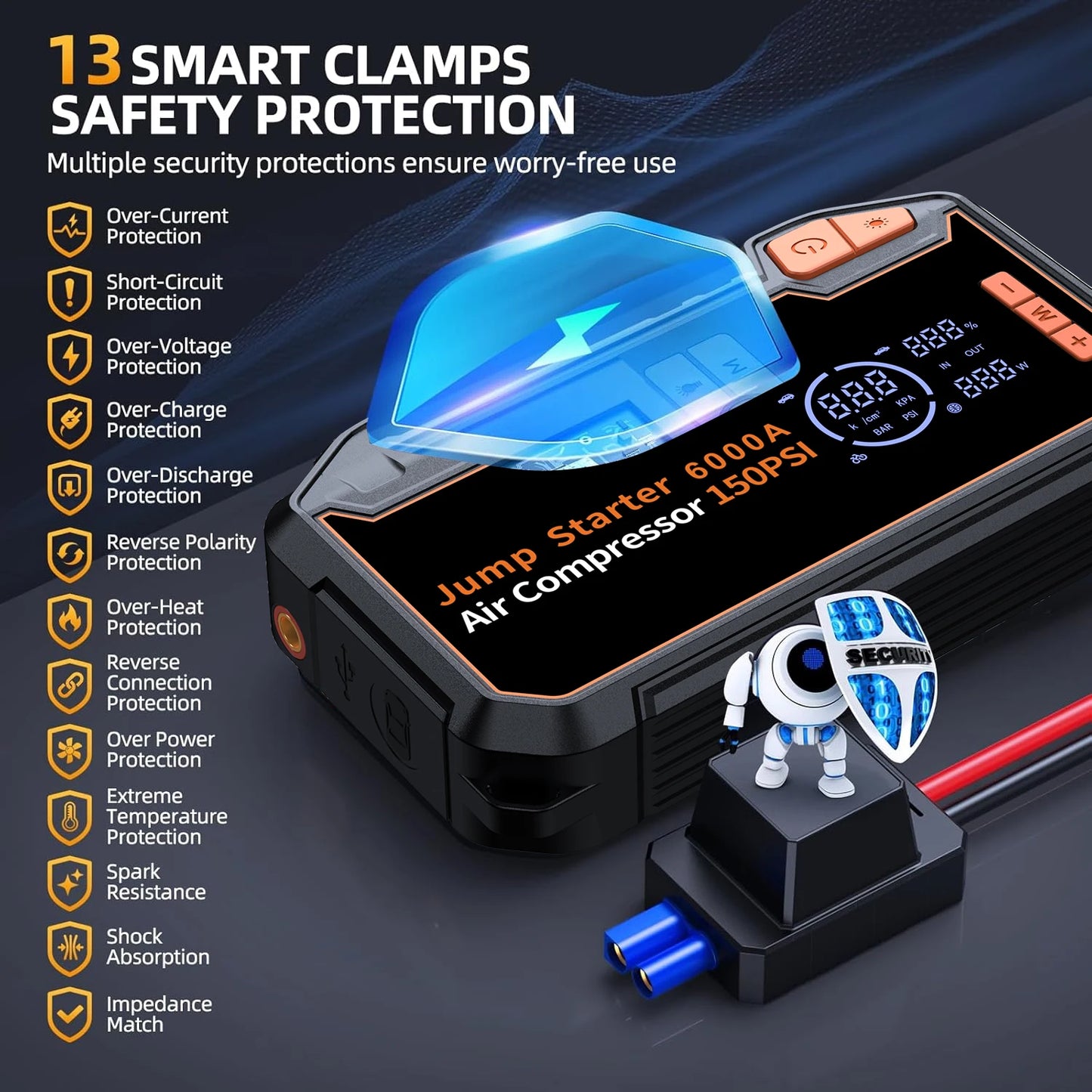 6000A Portable Car Jump Starter 26800mAh Air Compressor