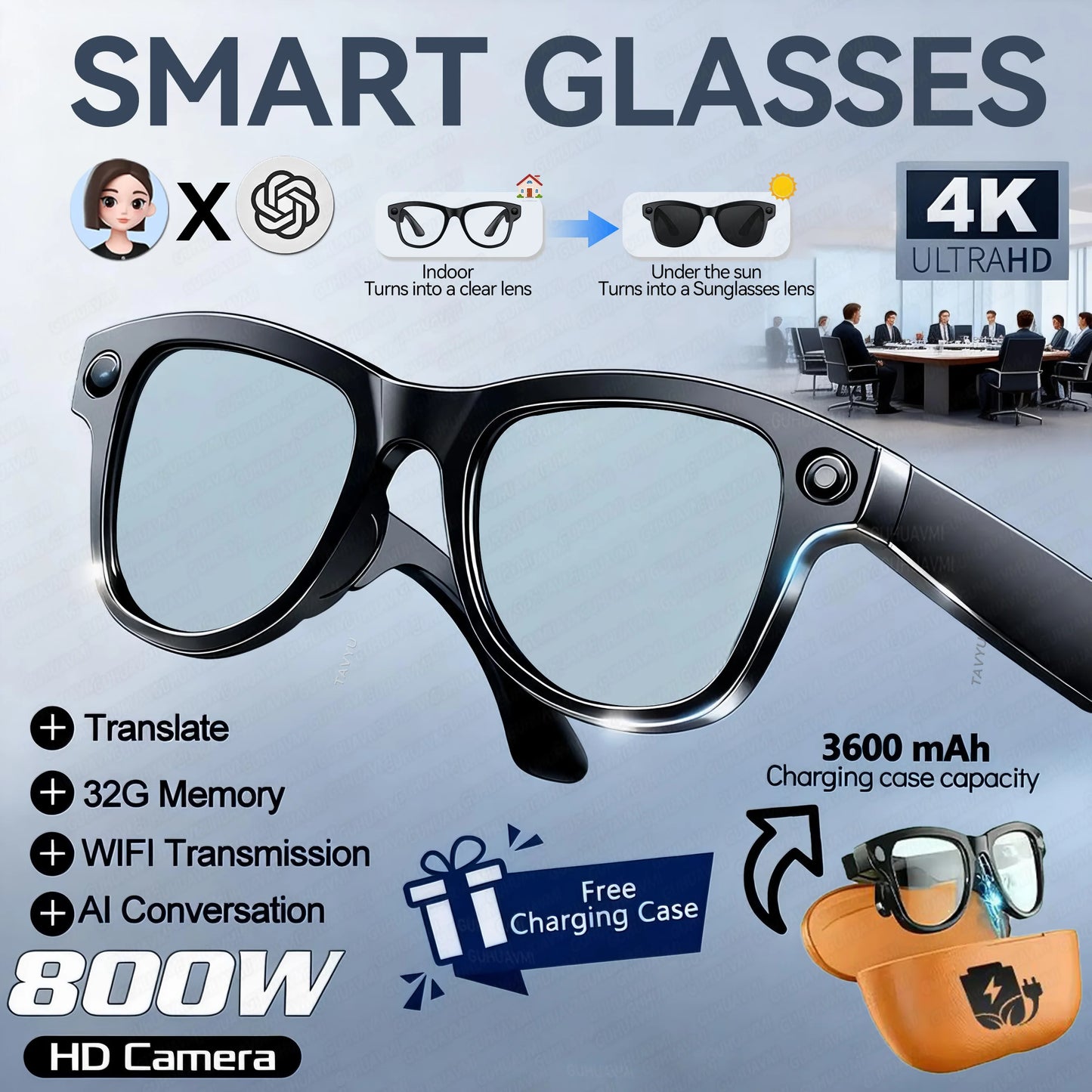 Black Color-Changing Smart Glasses Video Recording Camera