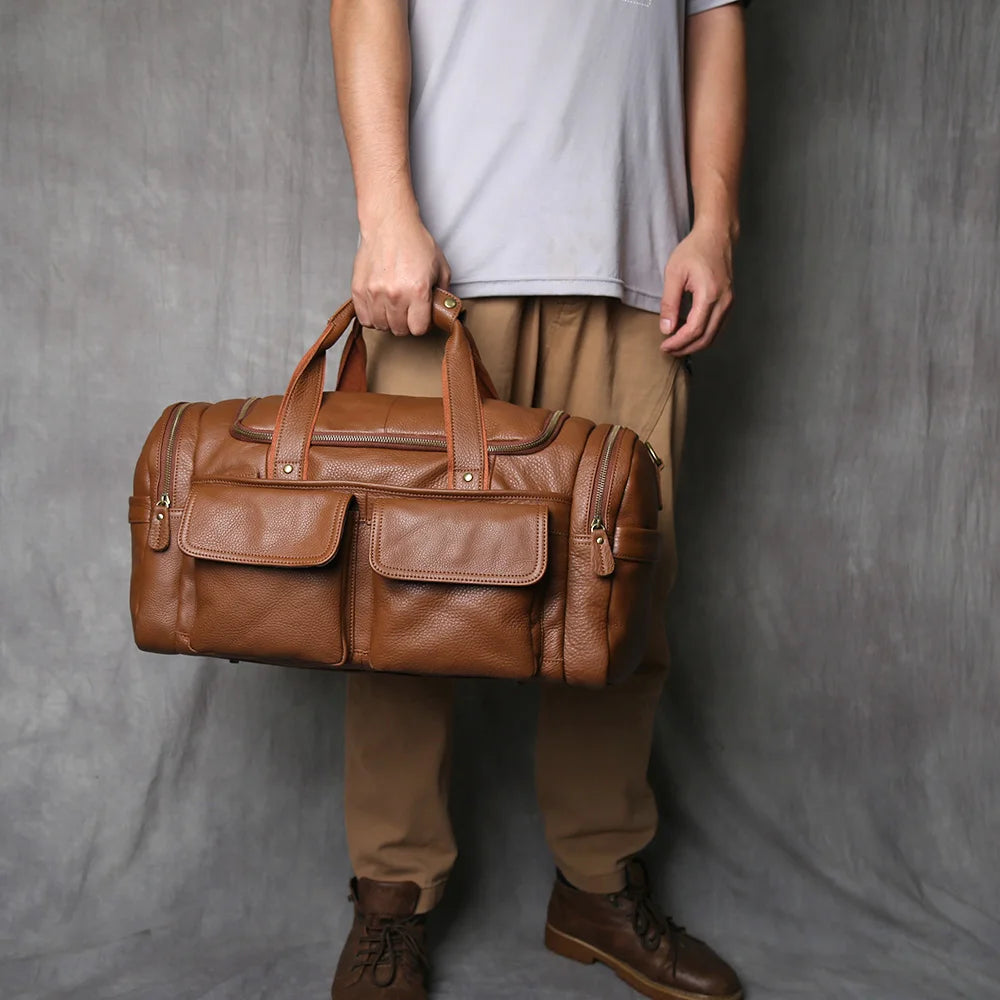 Classic Brown Leather Travel Bag Spacious Laptop Messenger