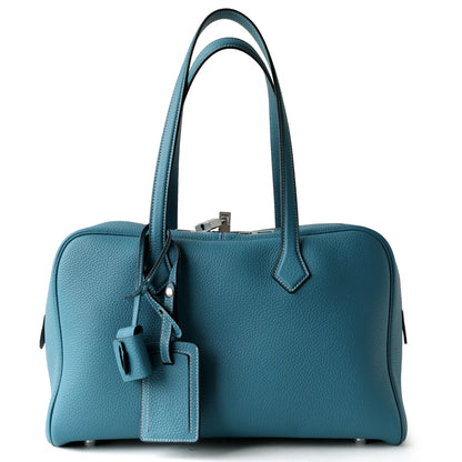 Large Leather Bowling Handbag Laptop Tote Work Bag Blue