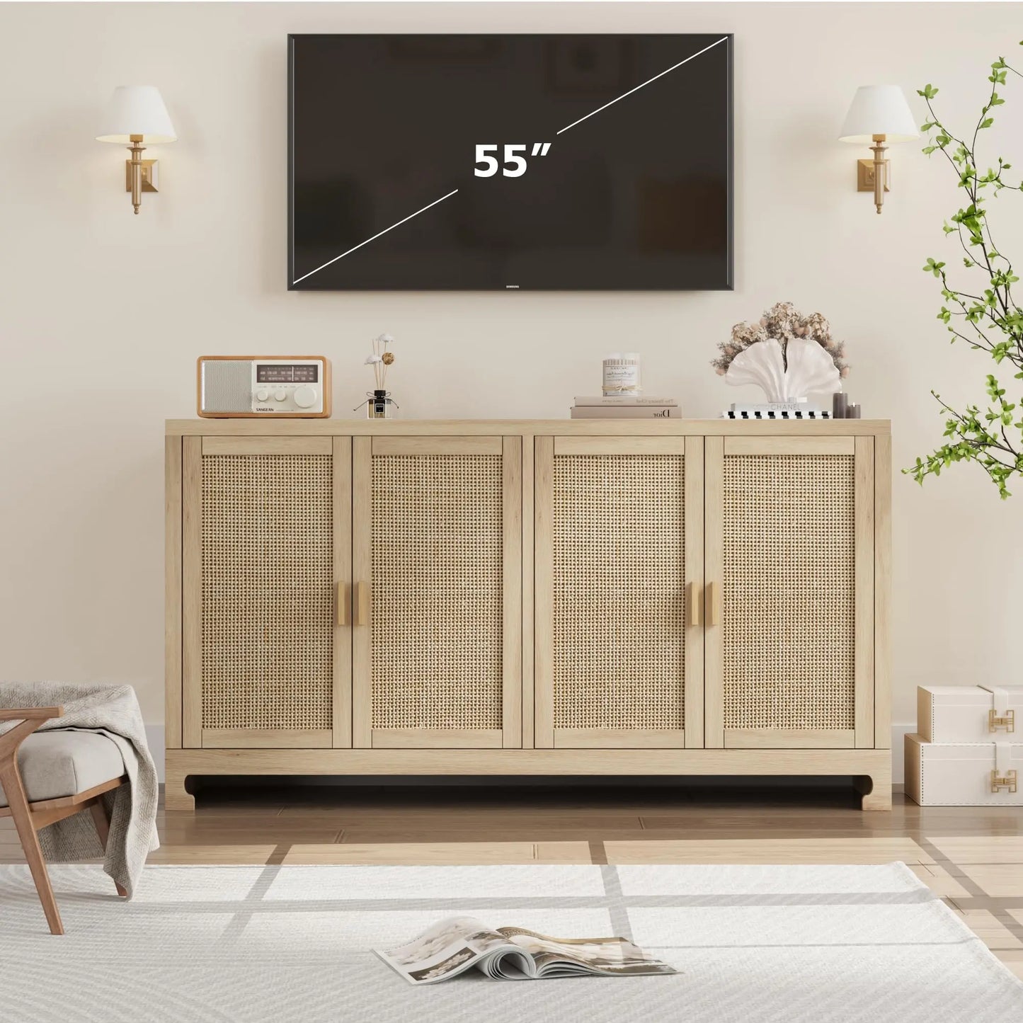 Rattan 4 Door Storage Cabinet Wooden Sideboard Console