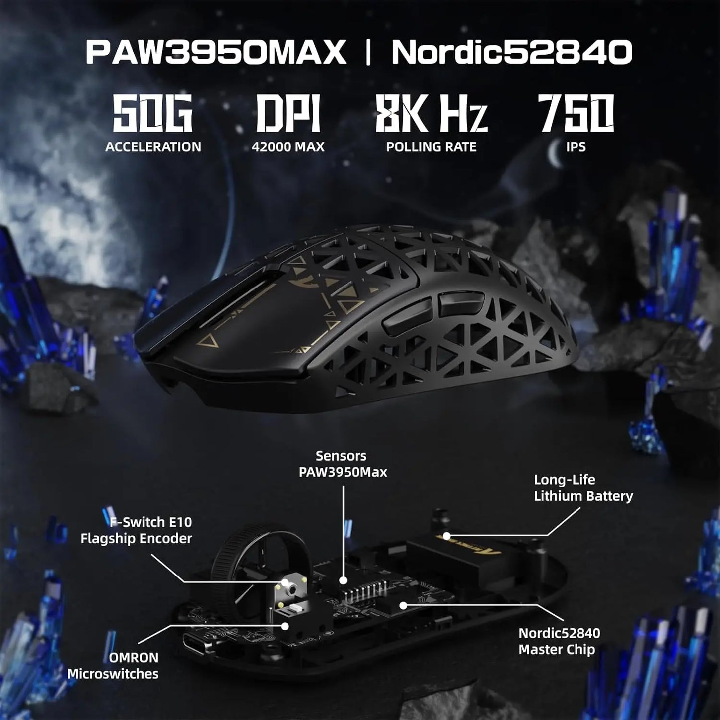 White TriMode Gaming Mouse Carbon Fiber Sensor 8000Hz