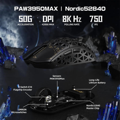 White TriMode Gaming Mouse Carbon Fiber Sensor 8000Hz