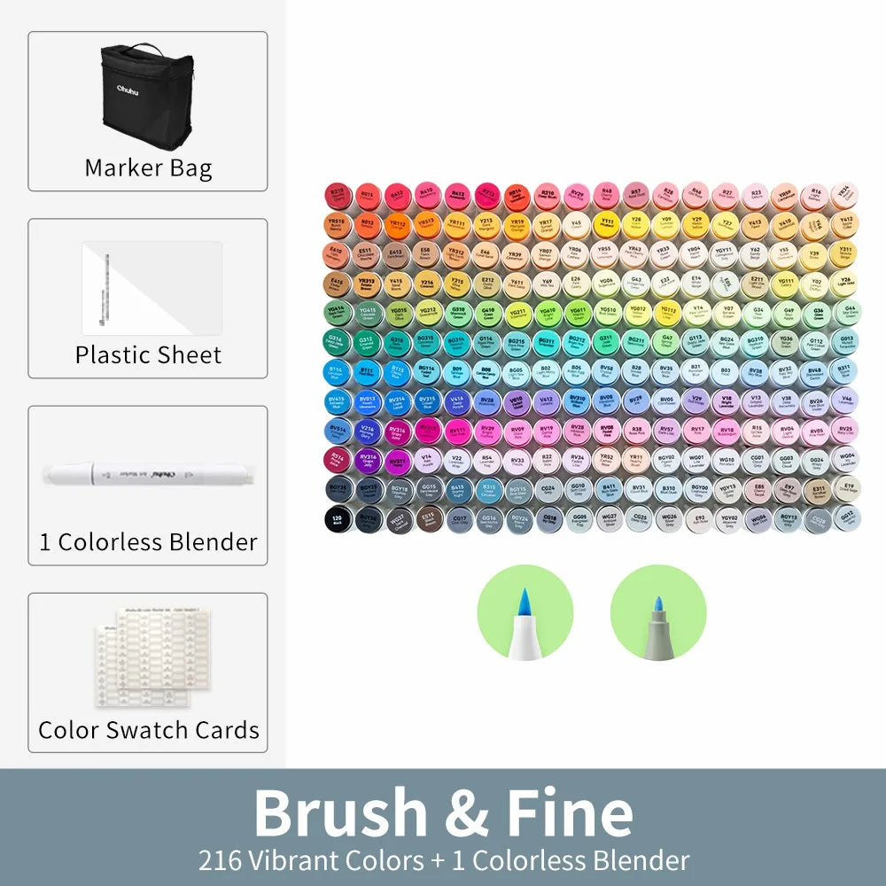 216 Colour Dual Tip Brush Fine Alcohol Markers Set