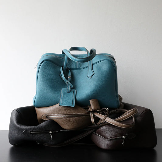 Large Leather Bowling Handbag Laptop Tote Work Bag Blue
