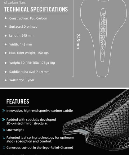 Ultralight 3D Printed Bike Saddle 175g for Road and MTB