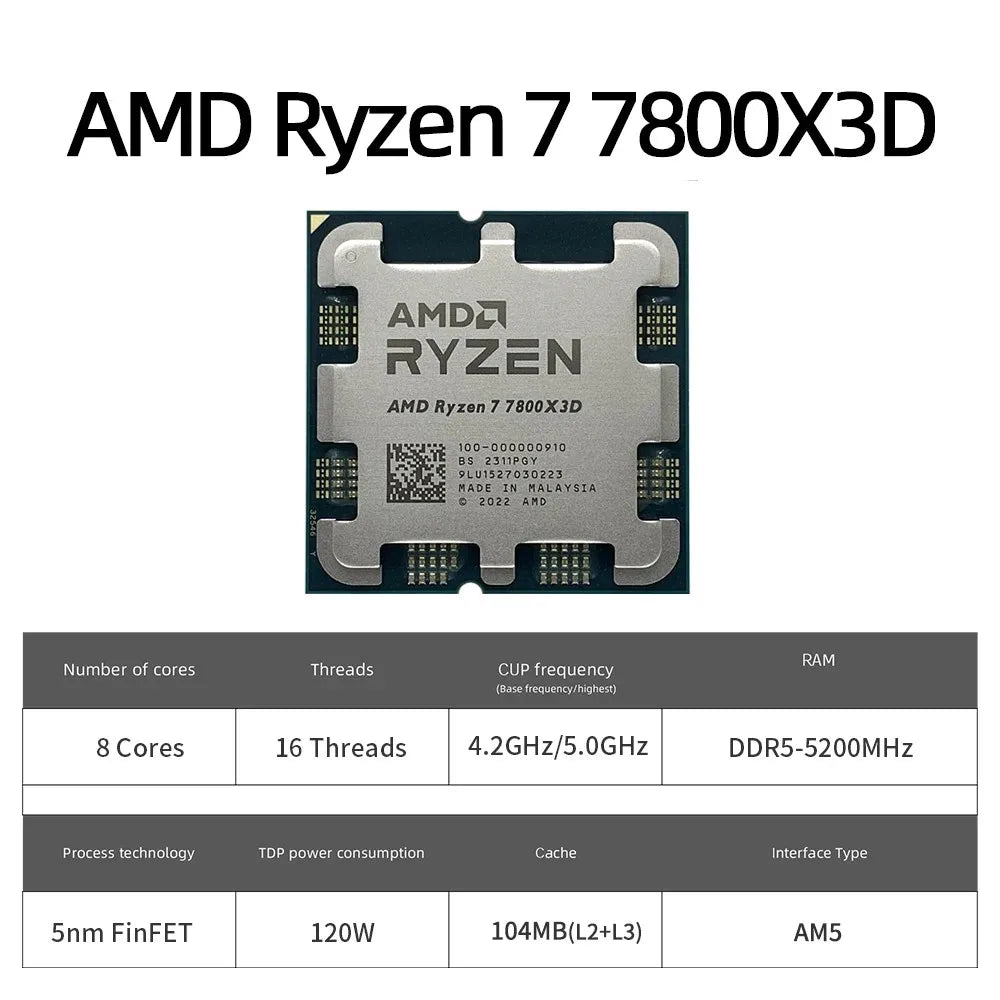 8 Core 16 Thread Ryzen 7 7800X3D CPU Up to 5GHz