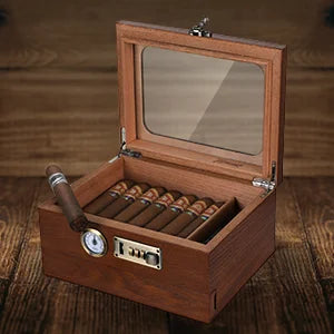 Brown Cedar Wood Cigar Humidor with Glass Top & Hygrometer