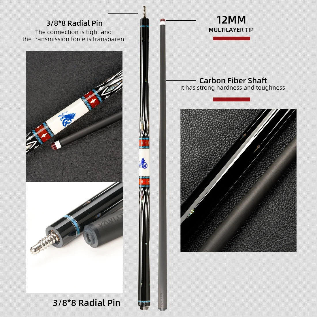 12mm Carbon Fiber Carom Cue 142cm Professional
