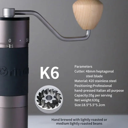 K6 Manual Coffee Grinder with 48mm Stainless Steel Burrs