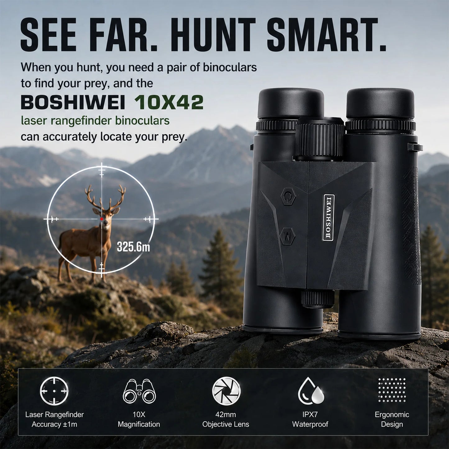 10x42 Laser Rangefinder Binoculars ED Lens 2400m