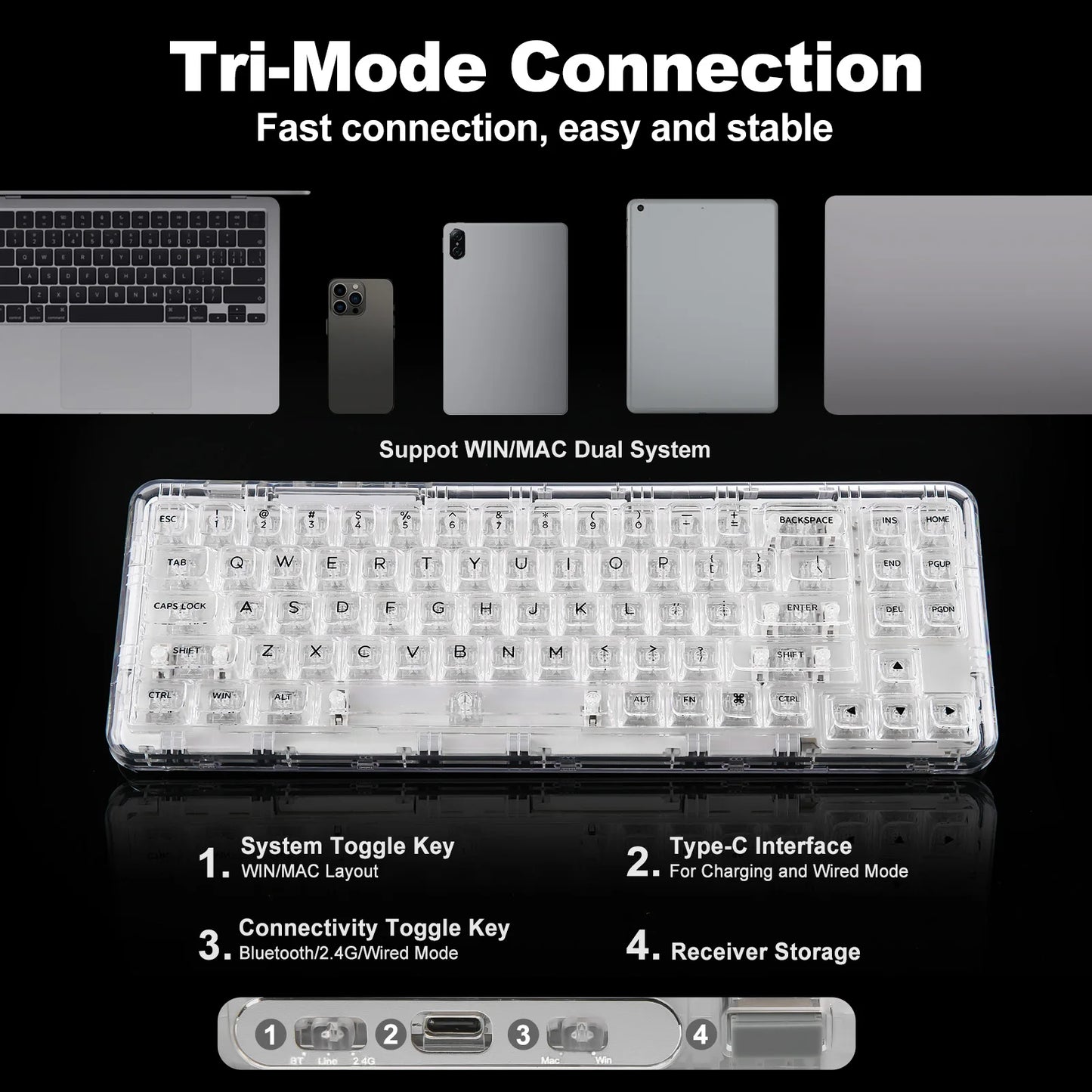 Wireless 68% RGB Mechanical Keyboard Cyan Hot Swap