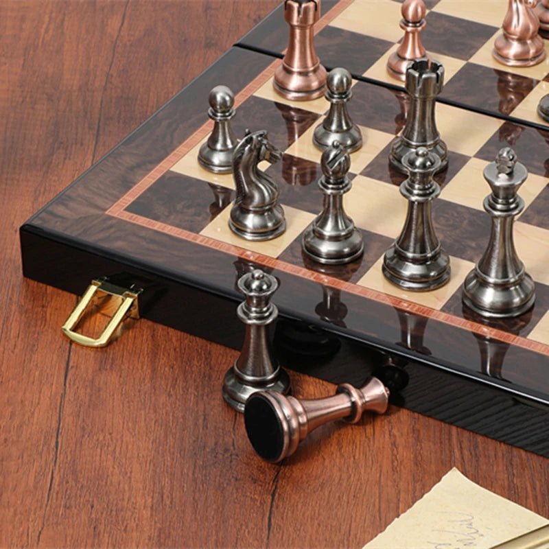 15-Inch Luxury Metal Chess Set with Folding Board