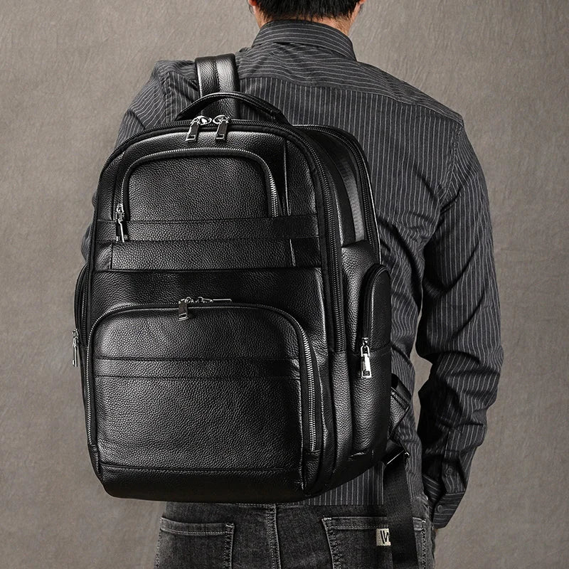 Large Capacity Leather Laptop Backpack with USB Charging