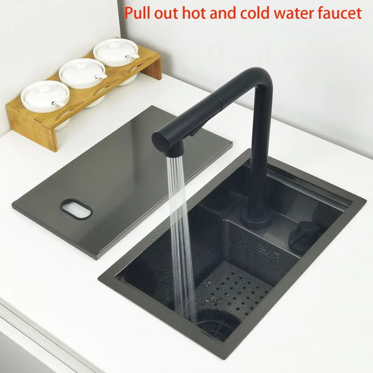 Mini Kitchen Sink Matte Black Pull-Out Faucet