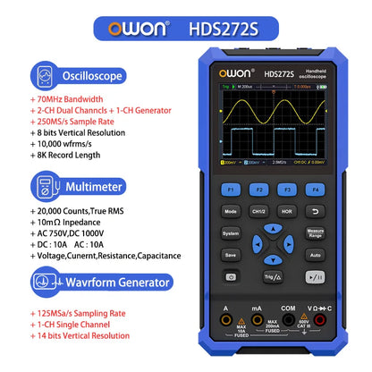 70MHz 3-in-1 Handheld Oscilloscope with Multimeter & Generator