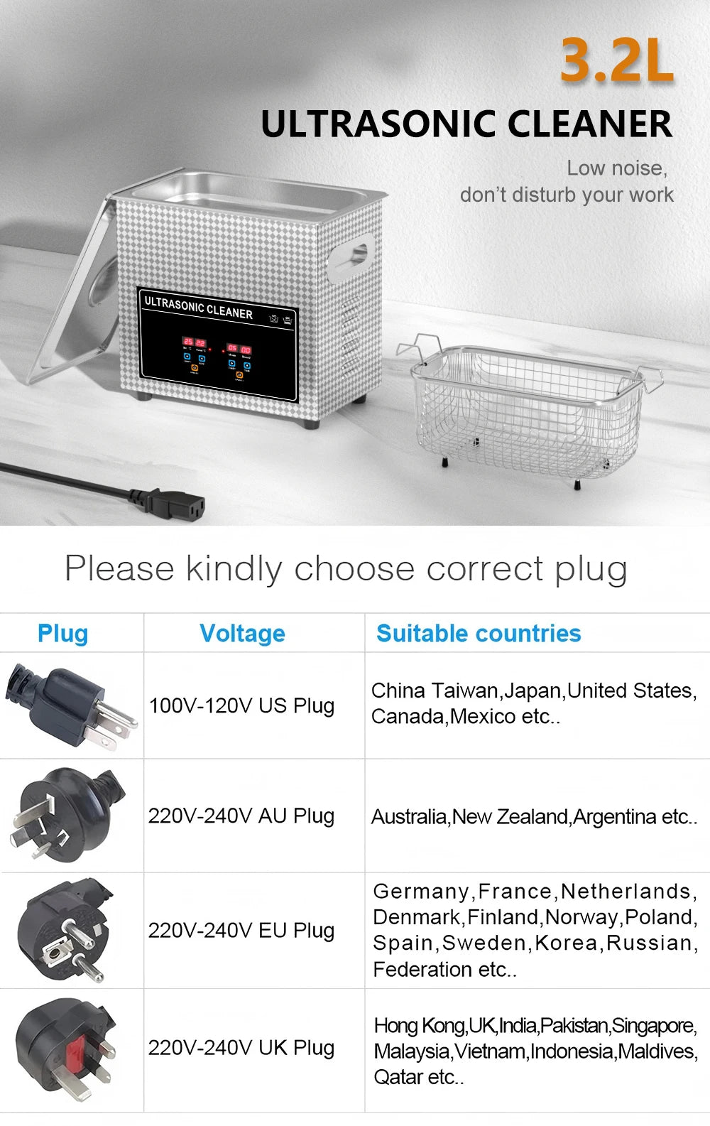 3.2L 120W Ultrasonic Cleaner with Heater Basket