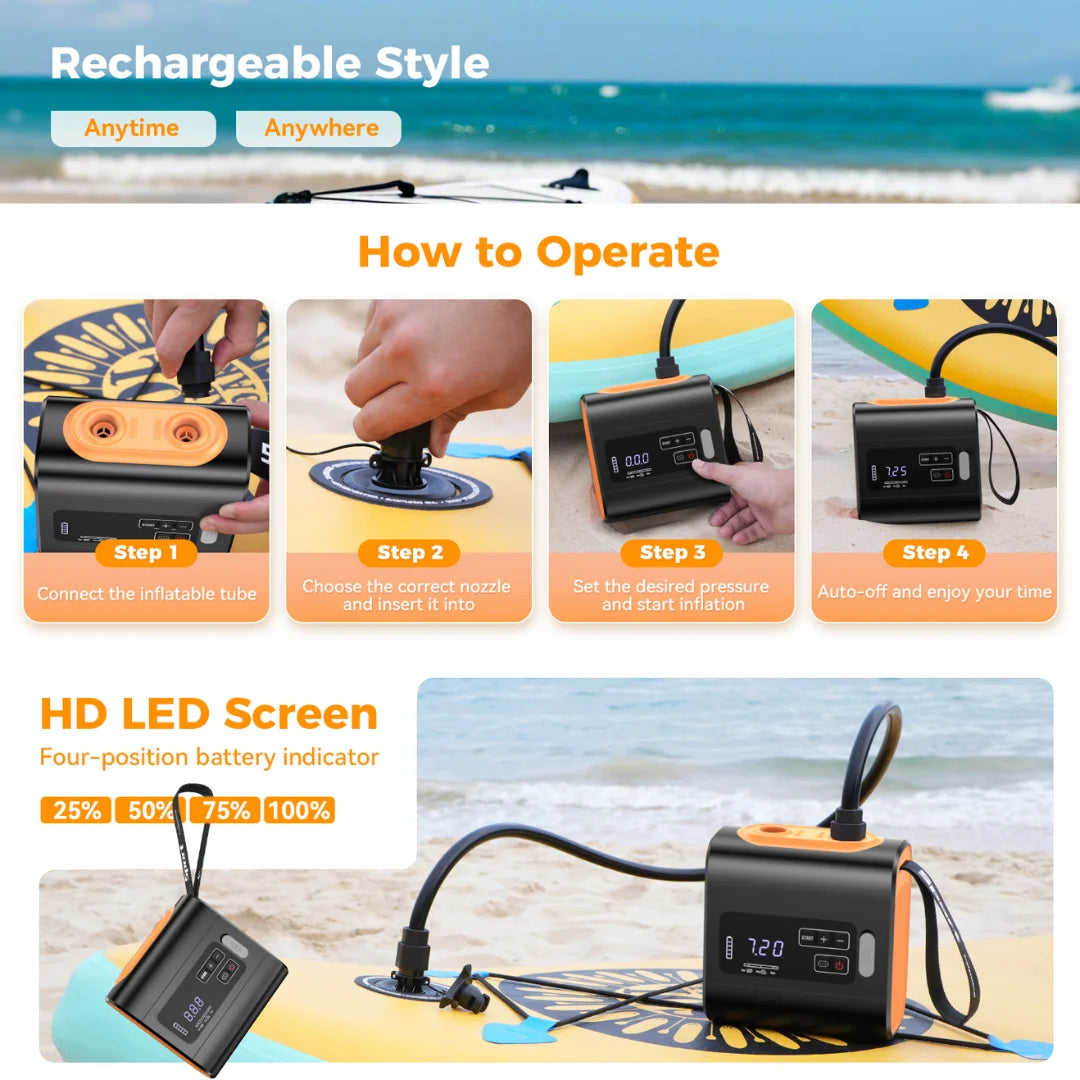 Compact Rechargeable Air Pump for Beds and Pools Orange