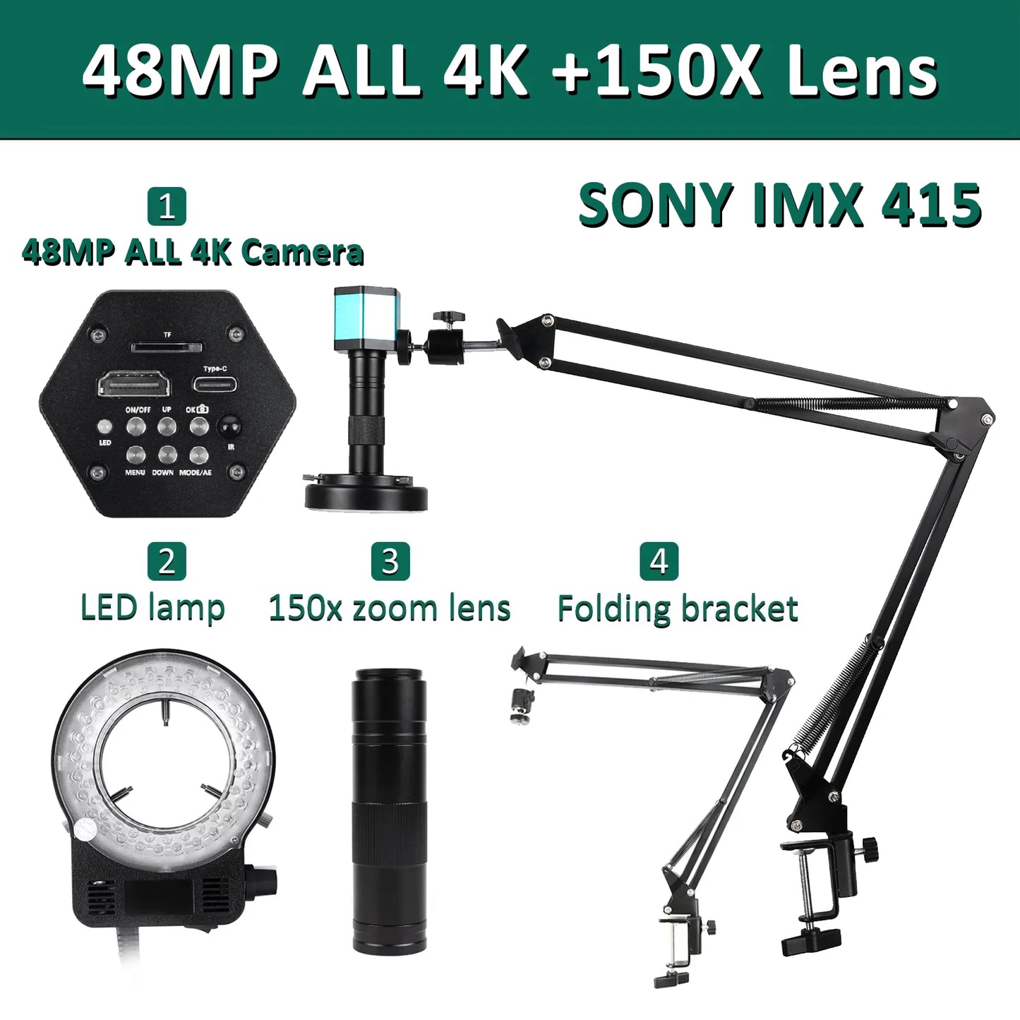4K Electronics Microscope Camera 150x Zoom Stand Set