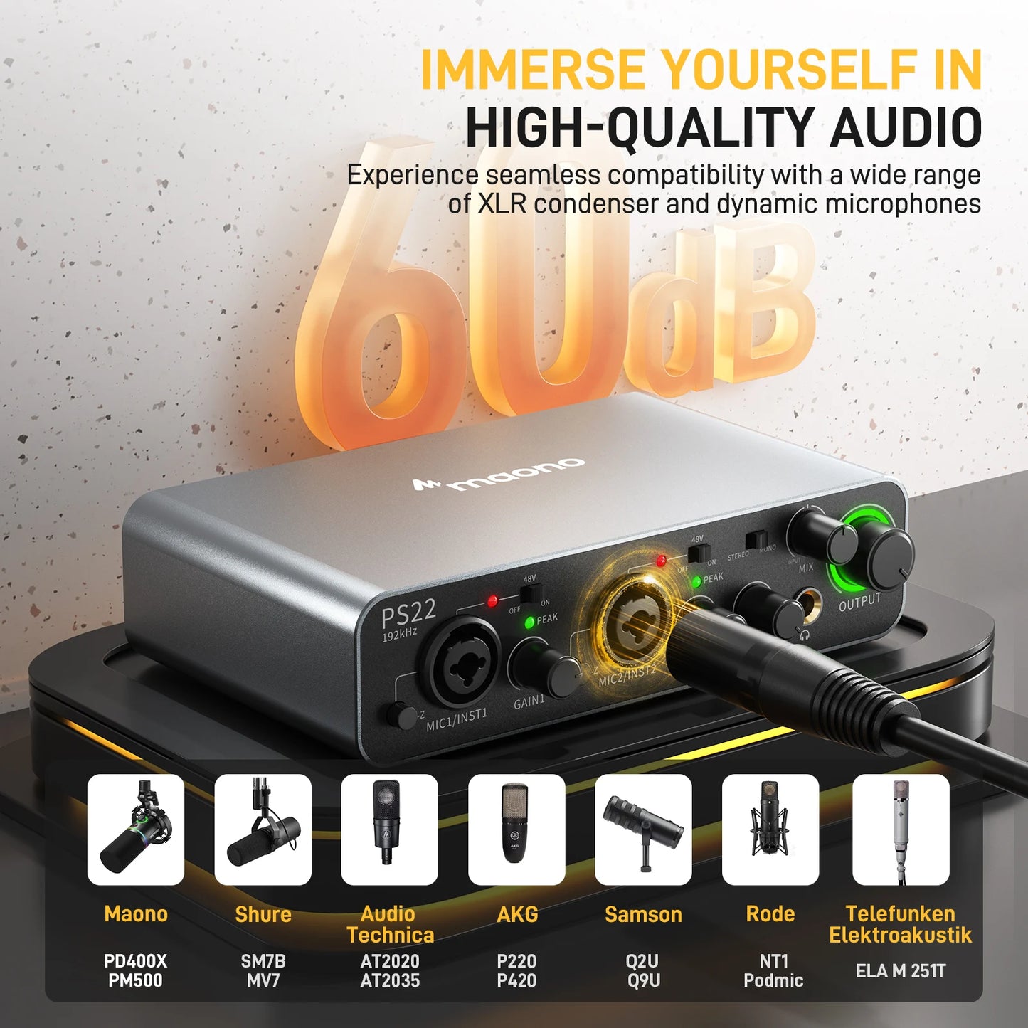 Black USB Audio Interface 24bit 192kHz with Pro Mic Preamp
