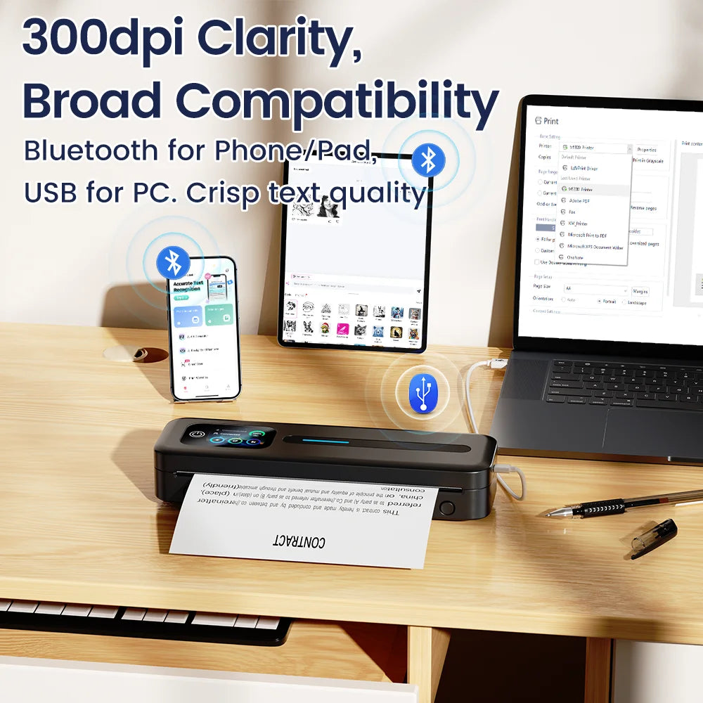 Portable A4 Thermal Printer Bluetooth Wireless Touchscreen
