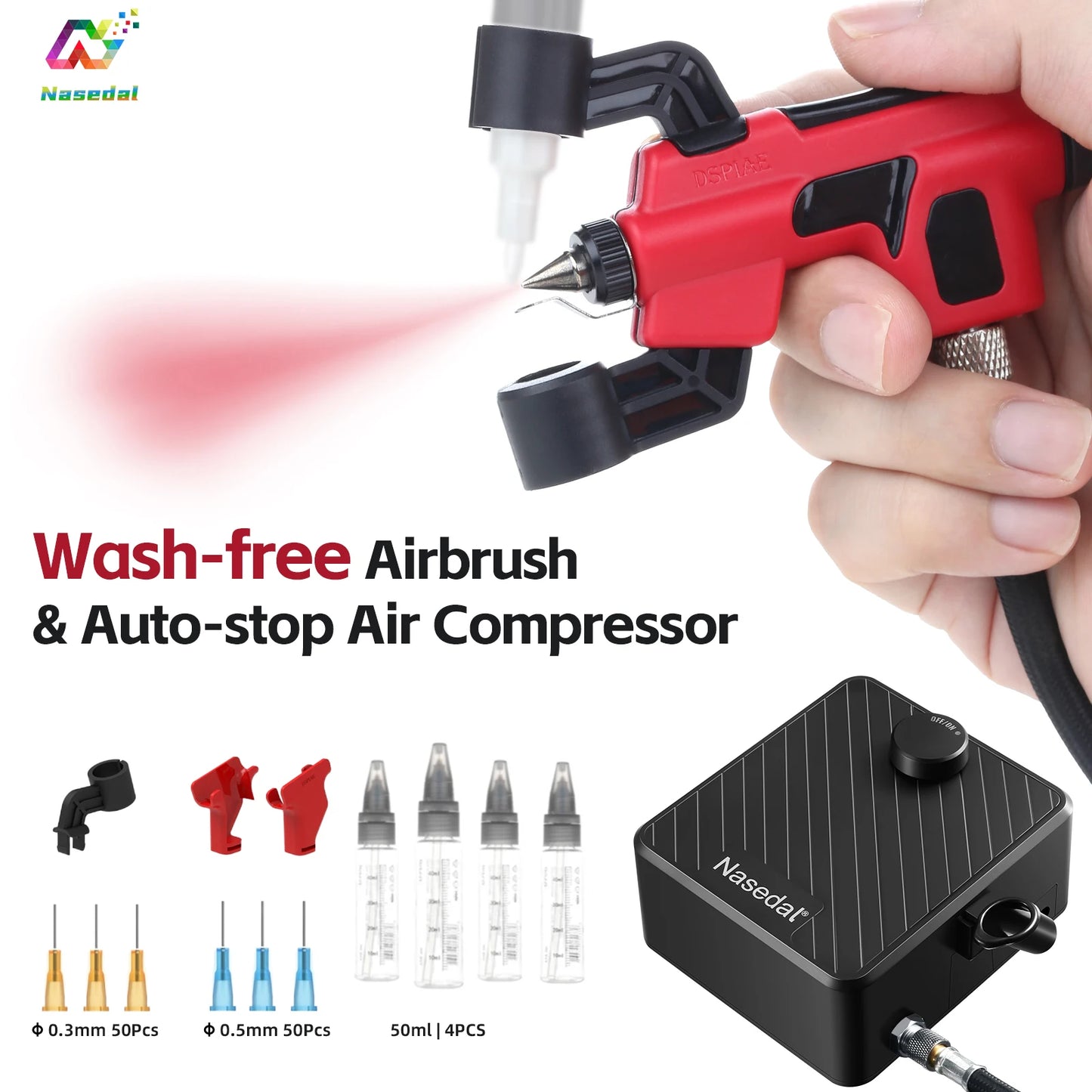40PSI Wash-Free Airbrush Kit Auto-Stop Compressor 0.3mm